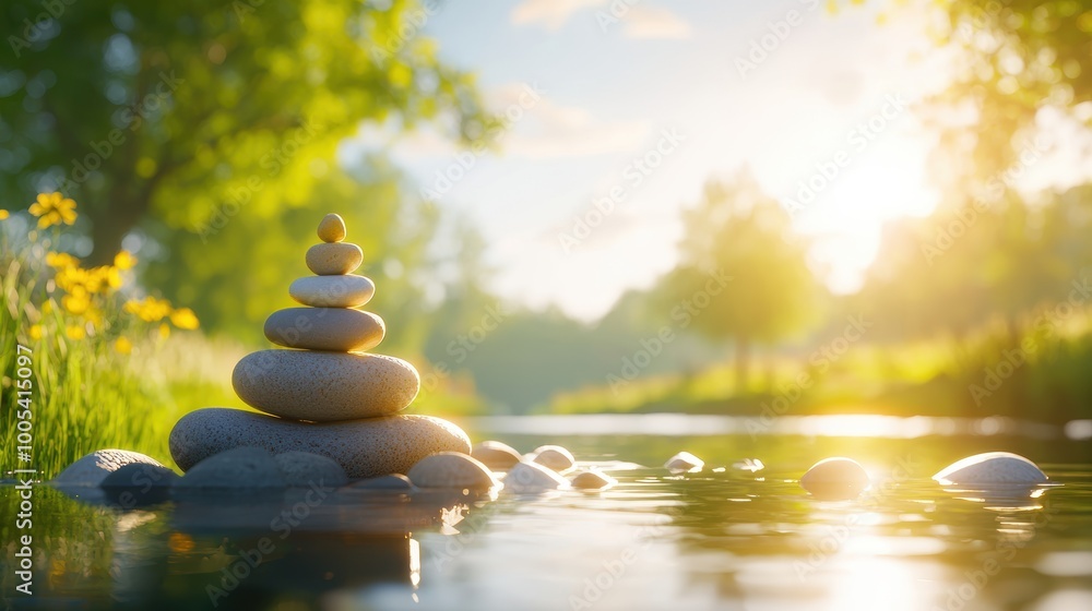 Obraz premium Tranquil River with Stacked Stones at Sunrise