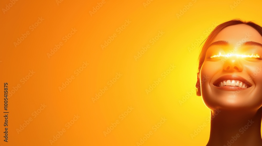 Joyful Woman with Sun Behind in Warm Sunset Light Joyful Woman with Sun Behind in Warm Sunset Light