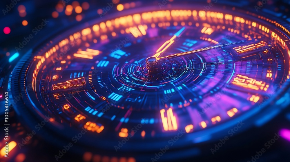 Futuristic clock face with glowing neon lights and intricate details. Futuristic clock face with glowing neon lights and intricate details.