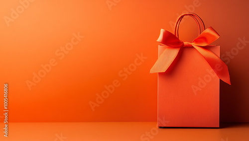 Photo of a gift bag with an orange ribbon on the right side, set against a solid color background