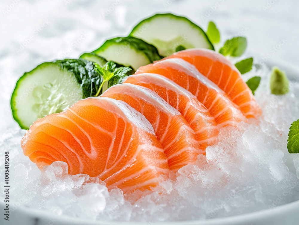 ashimi of fresh salmon served on ice, close-up, high-resolution photography ashimi of fresh salmon served on ice, close-up, high-resolution photography