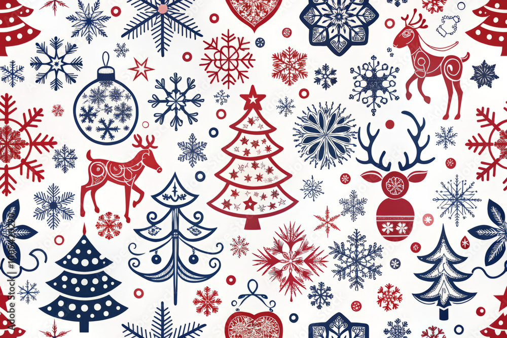Festive Christmas designs featuring red and blue doodles on white background, including trees, snowflakes, reindeer, and ornaments, create joyful holiday atmosphere Festive Christmas designs featuring red and blue doodles on white background, including trees, snowflakes, reindeer, and ornaments, create joyful holiday atmosphere