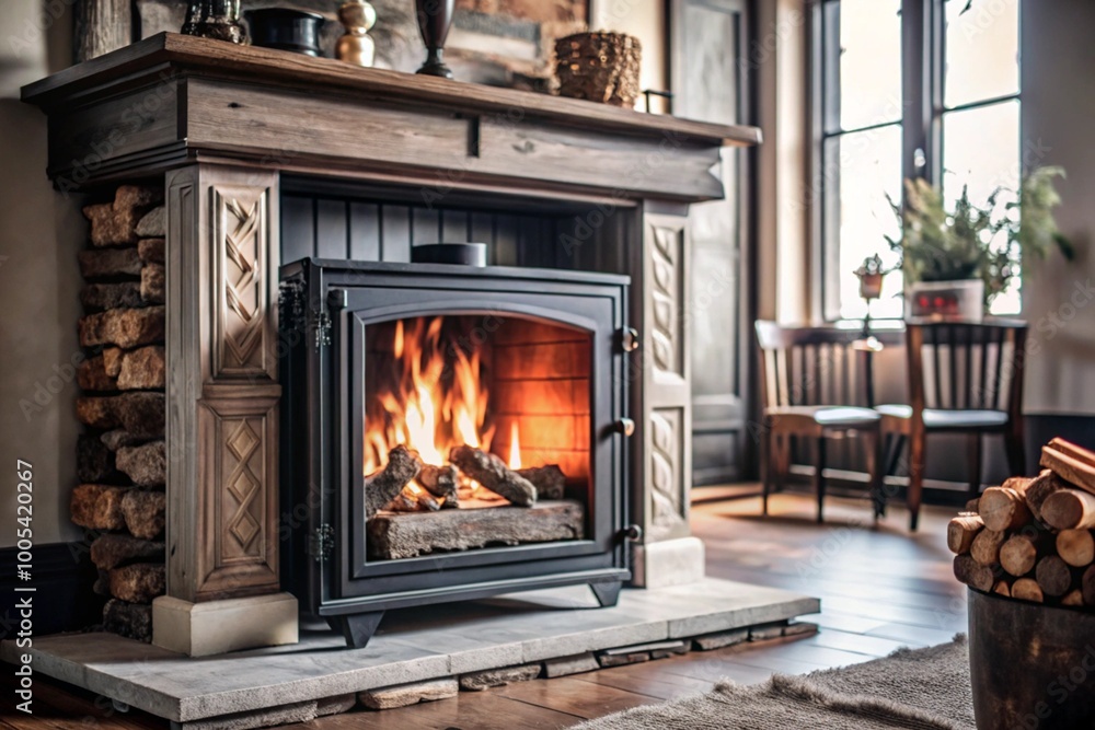 Warm and Inviting Home Interior with a Glowing Fireplace Warm and Inviting Home Interior with a Glowing Fireplace