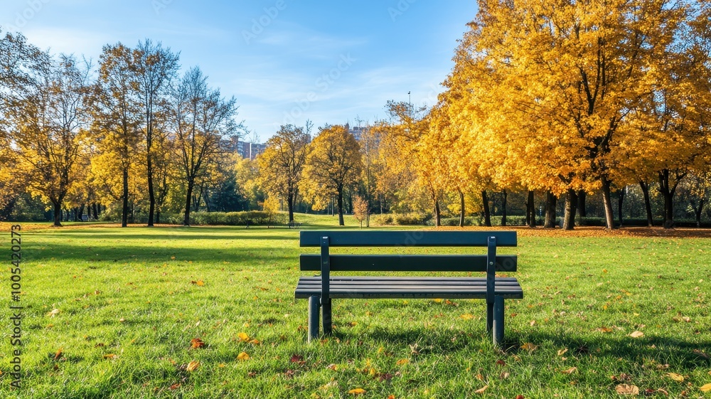 Lonely Bench in autumn Park with city view red and yellow maple trees and blue sky,Autumn forest path,Lawn in autumn city park in Sunny day,Trees with yellow leaves in park,Natural Wallpaper. Lonely Bench in autumn Park with city view red and yellow maple trees and blue sky,Autumn forest path,Lawn in autumn city park in Sunny day,Trees with yellow leaves in park,Natural Wallpaper.