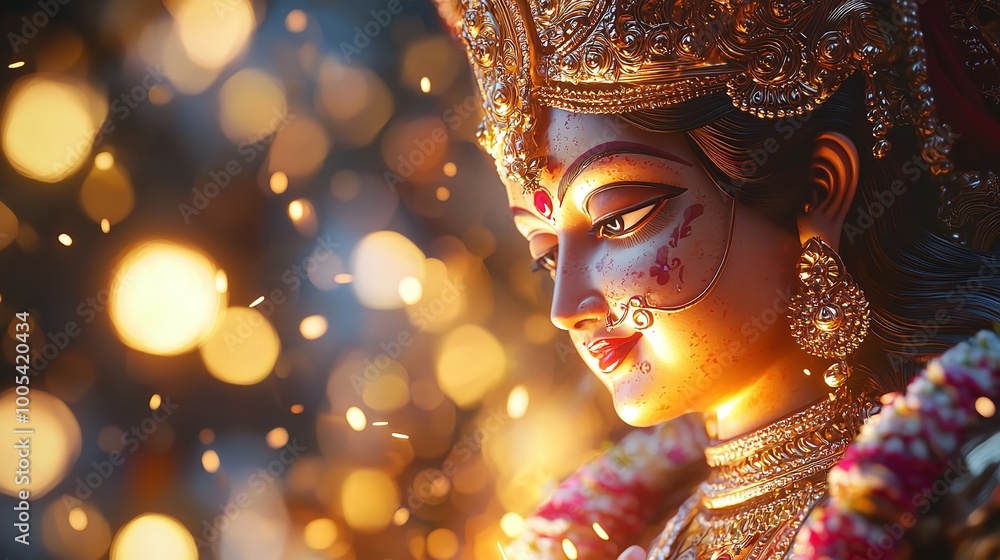 A woman with a headdress and gold jewelry is holding a sword and a spear, Durga