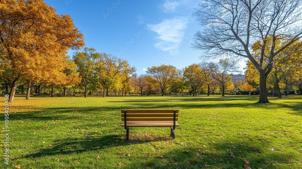 Lonely Bench in autumn Park with city view red and yellow maple trees and blue sky,Autumn forest path,Lawn in autumn city park in Sunny day,Trees with yellow leaves in park,Natural Wallpaper. Lonely Bench in autumn Park with city view red and yellow maple trees and blue sky,Autumn forest path,Lawn in autumn city park in Sunny day,Trees with yellow leaves in park,Natural Wallpaper.