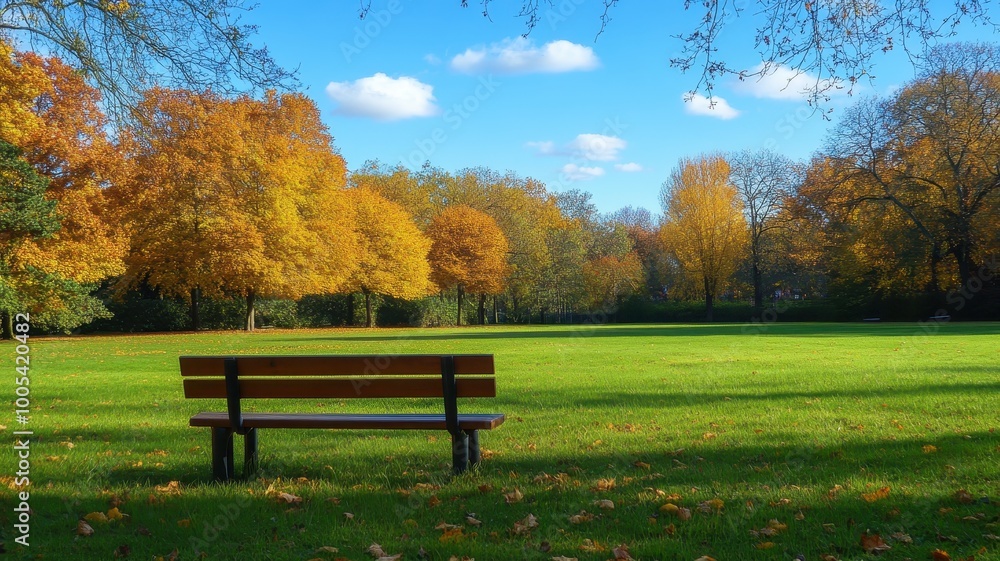 Lonely Bench in autumn Park with city view red and yellow maple trees and blue sky,Autumn forest path,Lawn in autumn city park in Sunny day,Trees with yellow leaves in park,Natural Wallpaper. Lonely Bench in autumn Park with city view red and yellow maple trees and blue sky,Autumn forest path,Lawn in autumn city park in Sunny day,Trees with yellow leaves in park,Natural Wallpaper.