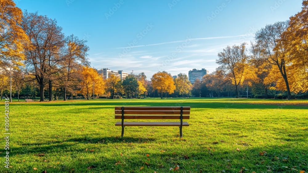 Lonely Bench in autumn Park with city view red and yellow maple trees and blue sky,Autumn forest path,Lawn in autumn city park in Sunny day,Trees with yellow leaves in park,Natural Wallpaper. Lonely Bench in autumn Park with city view red and yellow maple trees and blue sky,Autumn forest path,Lawn in autumn city park in Sunny day,Trees with yellow leaves in park,Natural Wallpaper.