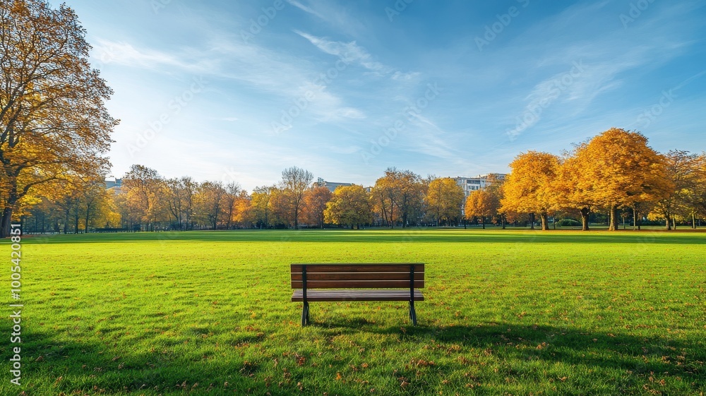 Lonely Bench in autumn Park with city view red and yellow maple trees and blue sky,Autumn forest path,Lawn in autumn city park in Sunny day,Trees with yellow leaves in park,Natural Wallpaper. Lonely Bench in autumn Park with city view red and yellow maple trees and blue sky,Autumn forest path,Lawn in autumn city park in Sunny day,Trees with yellow leaves in park,Natural Wallpaper.