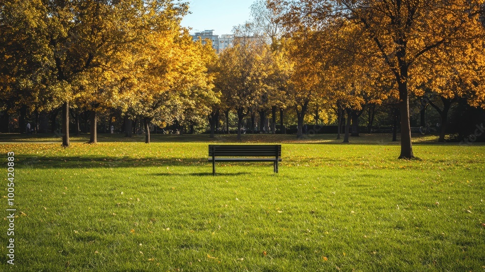 Lonely Bench in autumn Park with city view red and yellow maple trees and blue sky,Autumn forest path,Lawn in autumn city park in Sunny day,Trees with yellow leaves in park,Natural Wallpaper. Lonely Bench in autumn Park with city view red and yellow maple trees and blue sky,Autumn forest path,Lawn in autumn city park in Sunny day,Trees with yellow leaves in park,Natural Wallpaper.