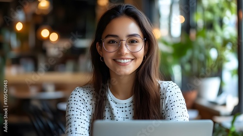 Portrait of a Smiling Woman in Glasses at a Coffee Shop