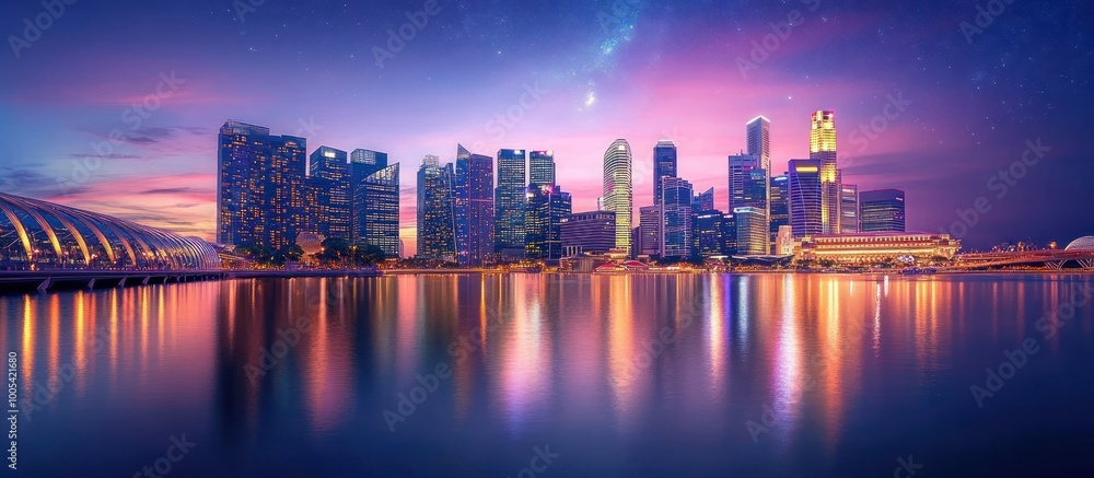Fototapeta premium A panoramic view of a modern cityscape at sunset, with skyscrapers reflecting in the water.