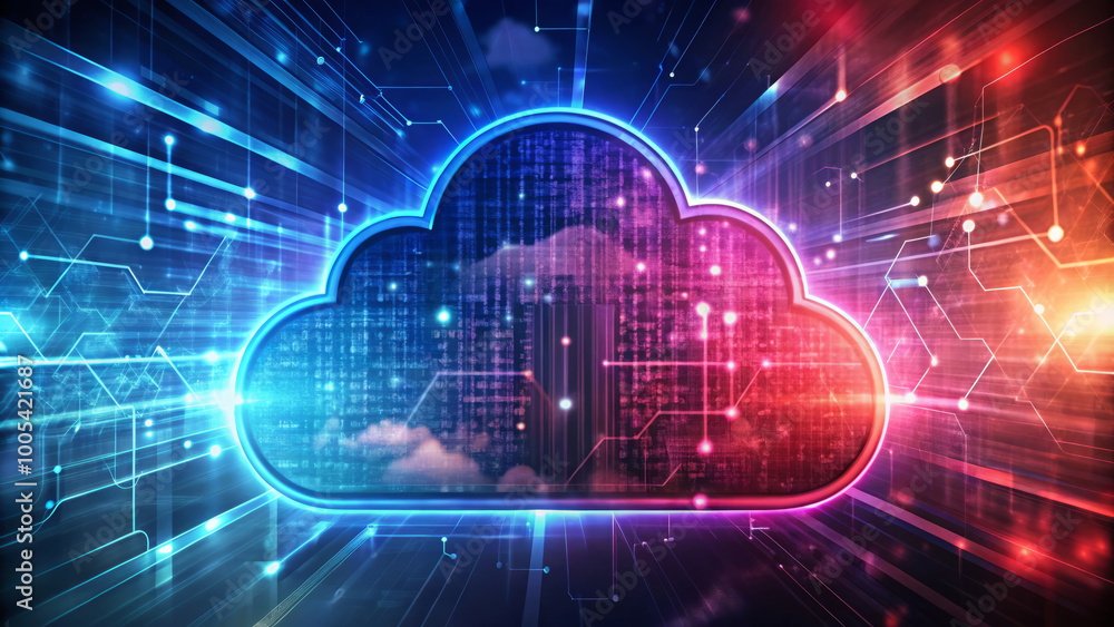 vibrant cloud symbol representing cloud computing, surrounded by digital data streams and abstract technology elements, evokes sense of innovation and connectivity vibrant cloud symbol representing cloud computing, surrounded by digital data streams and abstract technology elements, evokes sense of innovation and connectivity
