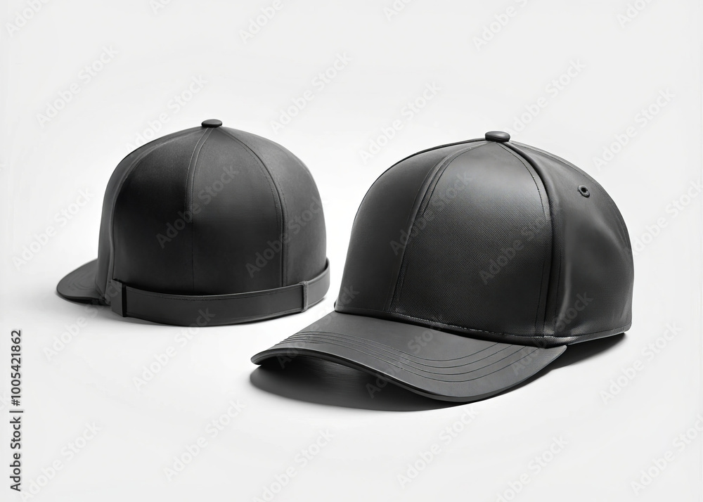 Obraz premium Stylish black baseball hats made of sleek leather, showcasing modern design. Perfect for casual wear or outdoor activities, these hats add trendy touch to any outfit