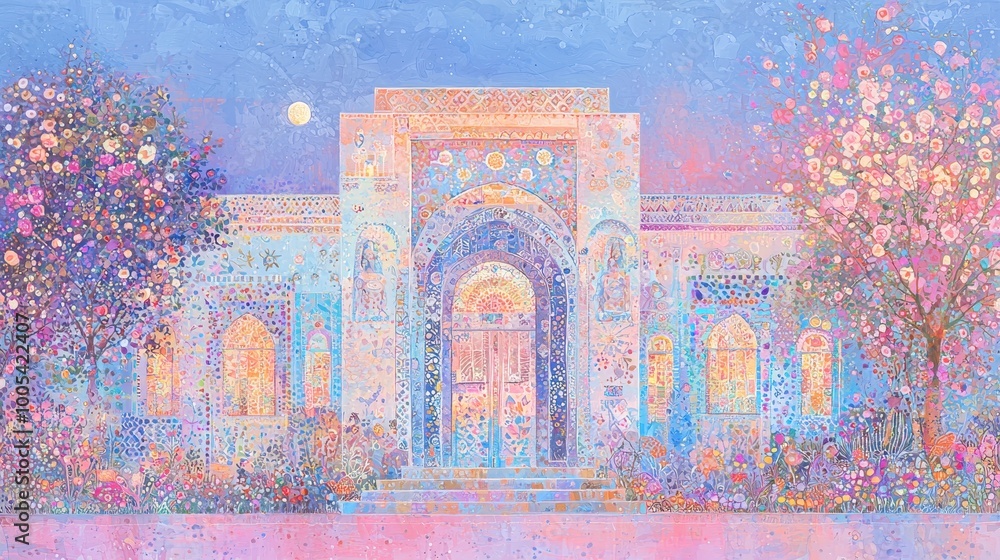 Obraz premium Colorful Dreamlike Building with Floral and Geometric Patterns in a Fantasy Landscape