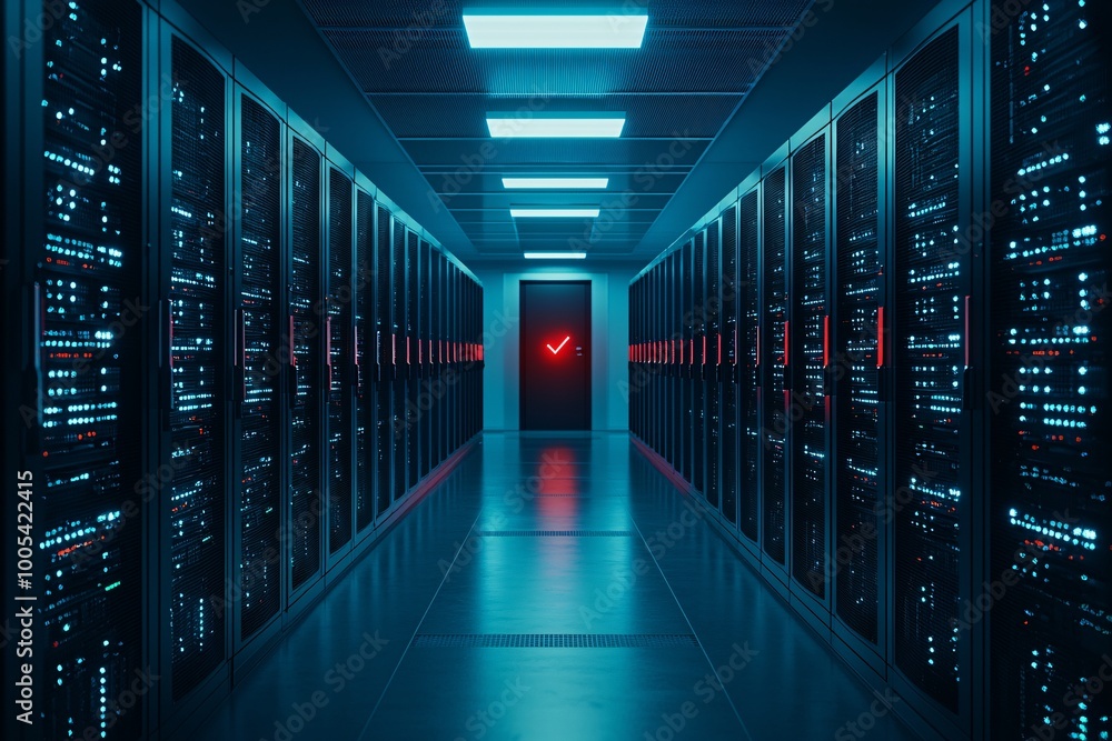 A corporate server room under a blue hue, with one server rack showing a red alert light, symbolizing a detected cyber attack. The scene provides ample copy space for cybersecurity messages. A corporate server room under a blue hue, with one server rack showing a red alert light, symbolizing a detected cyber attack. The scene provides ample copy space for cybersecurity messages.
