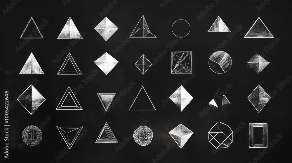 A collection of geometric shapes drawn with chalk on a chalkboard. A collection of geometric shapes drawn with chalk on a chalkboard.