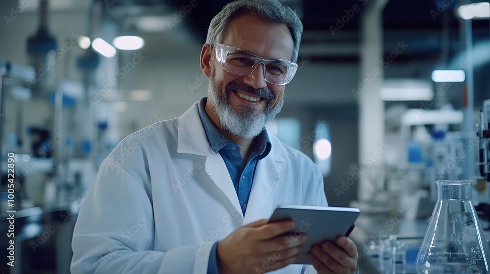 Smiling Scientist in Lab Coat Uses a Tablet Smiling Scientist in Lab Coat Uses a Tablet