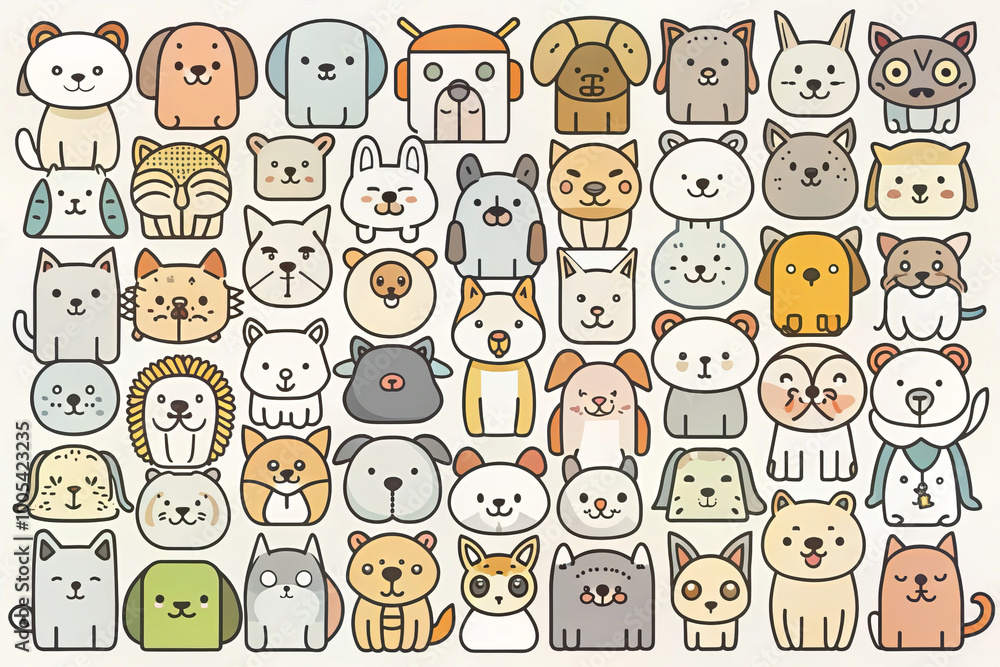 Cute and colorful collection of flat pet illustrations featuring various animals like cats, dogs, and more, all set against light background, perfect for pet lovers Cute and colorful collection of flat pet illustrations featuring various animals like cats, dogs, and more, all set against light background, perfect for pet lovers