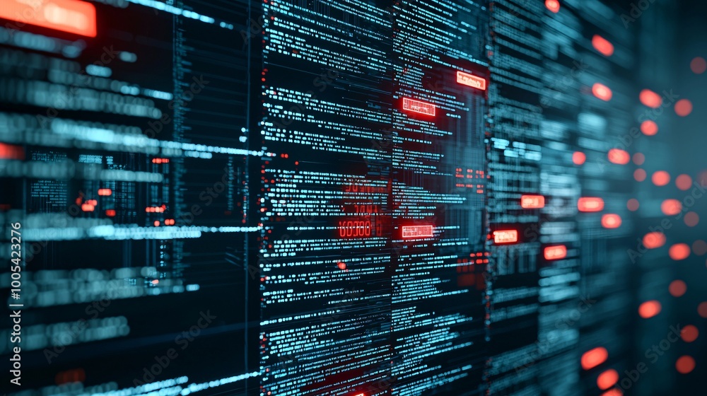 A close-up of a computer screen displaying red warning signs and code ...
