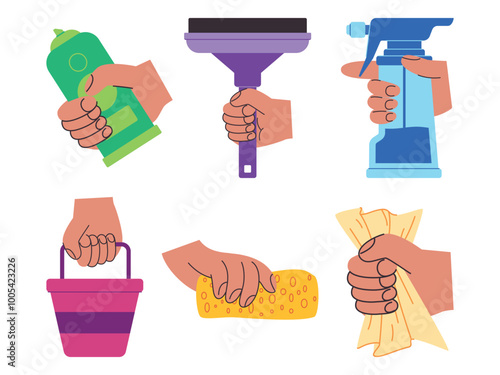 Cleaning tool window wiper squeegee sponge spray bottle towel rag bucket hand holding house cleaner tool household chore work design set collection cartoon