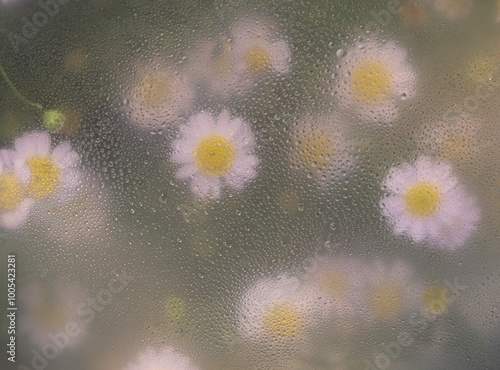 Purple flower through the glass with waterdrops background,Abstract Nature blur background.