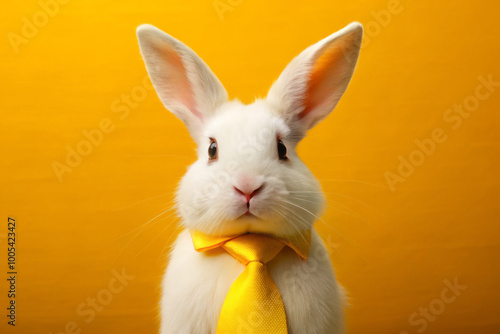 charming white bunny wearing bright yellow tie stands against vibrant yellow background, exuding playful and cheerful vibe. This delightful scene captures essence of fun and whimsy photo