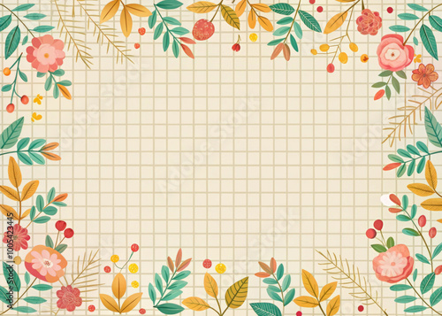 Floral border design featuring colorful flowers and leaves on grid background, perfect for invitations or stationery. vibrant colors and natural elements create cheerful atmosphere