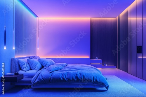 Modern Bedroom Interior with Blue and Purple Lighting