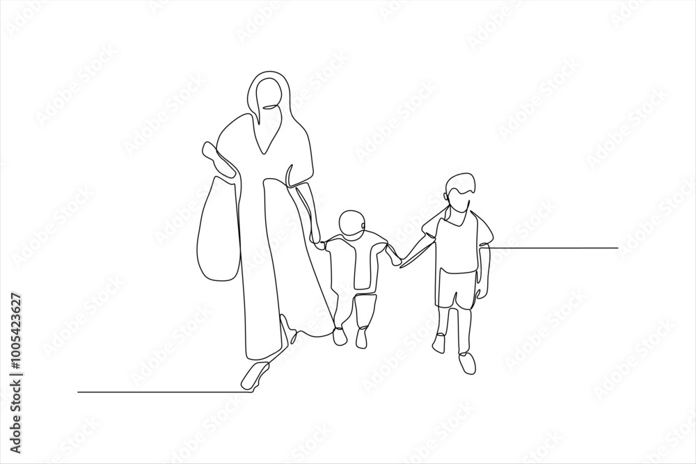 Continuous line drawing of a mother and her two children Continuous line drawing of a mother and her two children