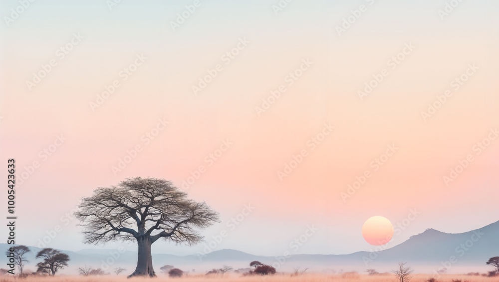 Fototapeta premium A solitary tree stands against a pastel sky at sunset, with soft hills in the background. The scene evokes tranquility, with warm colors illuminating the evening landscape.