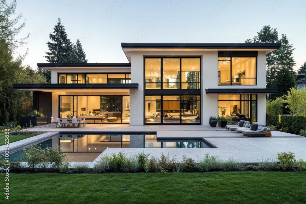 Modern Home with Swimming Pool and Evening Lighting Modern Home with Swimming Pool and Evening Lighting