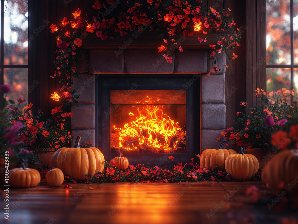 Obraz premium Halloween pumpkins around the fireplace. The fire is burning in an old stone chimney, decorated with orange leaves and vines. A festive atmosphere with glowing jack-o'-lanterns on the floor. 
