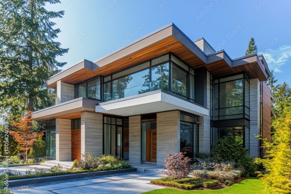 Modern Luxury Home with Expansive Windows and Lush Greenery Modern Luxury Home with Expansive Windows and Lush Greenery