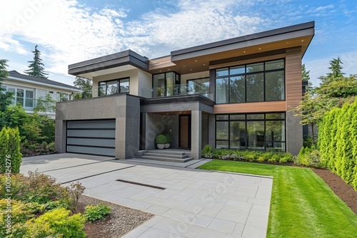 Modern Grey House with Wooden Accents and Lush Greenery