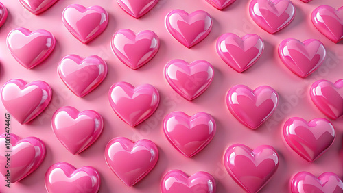 Glossy pink heart stickers are beautifully arranged on soft pink background, creating cheerful and playful atmosphere. This vibrant display is perfect for expressing love and affection