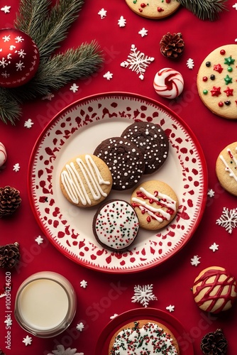 A plate of cookies with icing and sprinkles on a red tablecloth