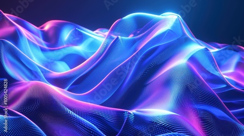 Abstract Neon Blue and Pink Wavy Landscape with Glowing Dots