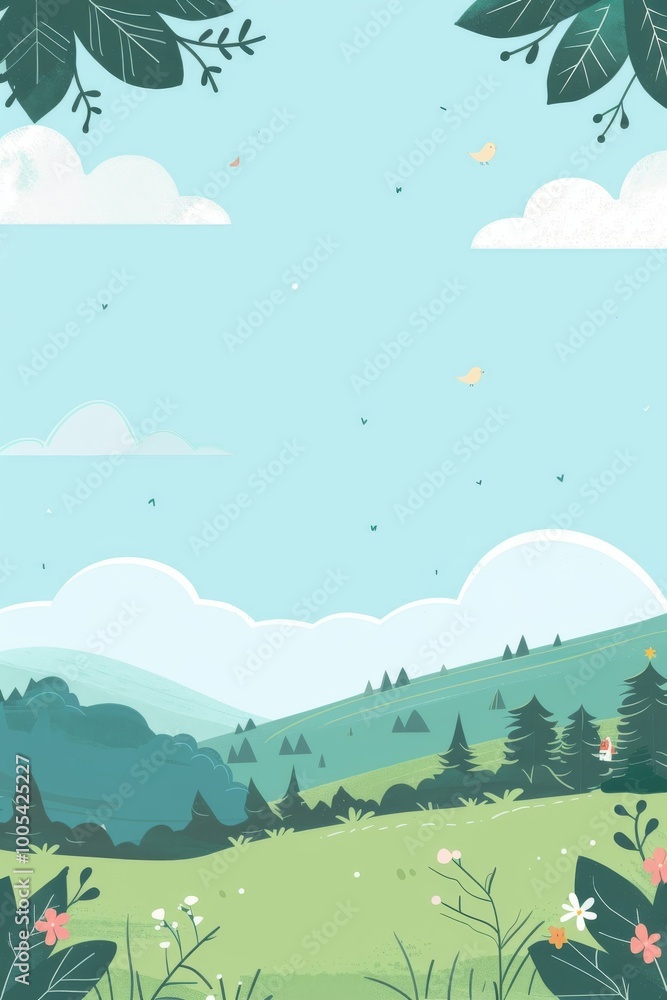 Obraz premium A whimsical cartoon landscape featuring rolling hills, trees, a blue sky with clouds, and birds flying.