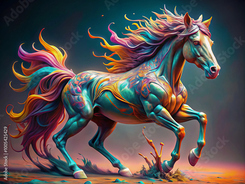 vibrant and colorful horse gallops gracefully, showcasing stunning blend of hues in its flowing mane and body. artwork captures essence of freedom and beauty