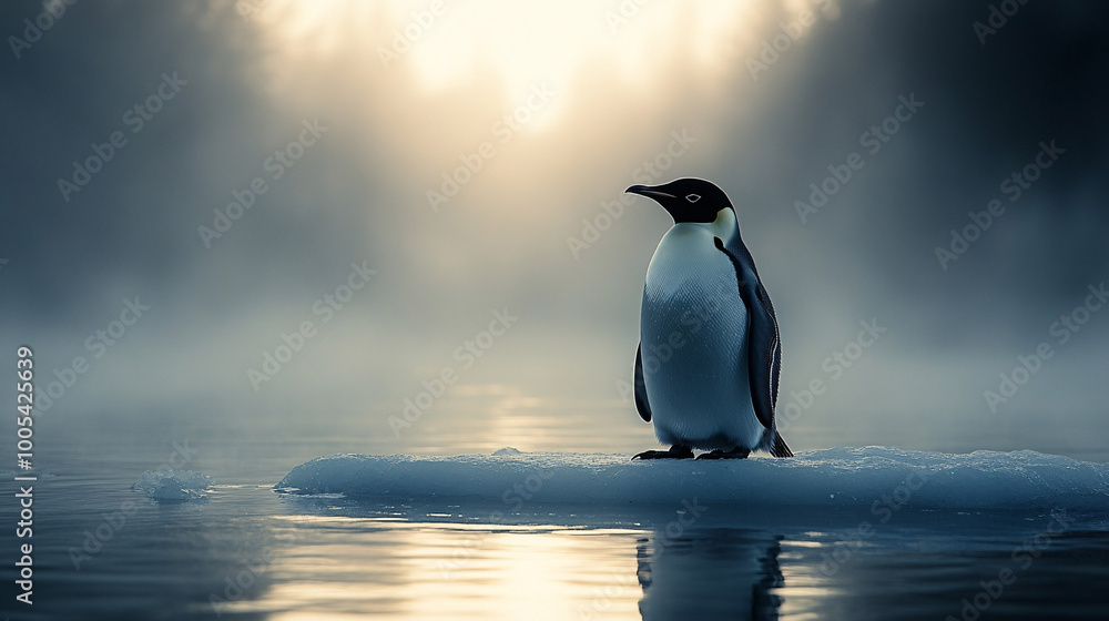 Fototapeta premium lonely emperor penguin standing on iceberg in antarctica - cold, blue, misty, wildlife photography