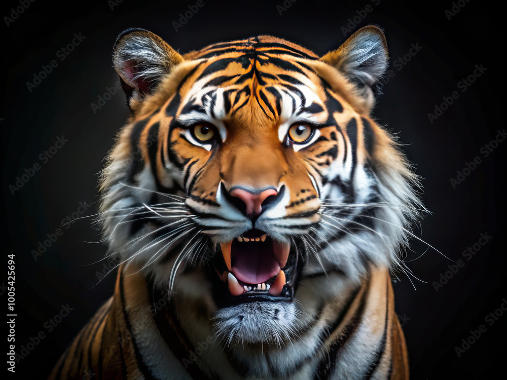 majestic tiger roars fiercely, showcasing its powerful presence and striking features. Its vibrant fur and intense gaze capture essence of this magnificent creature majestic tiger roars fiercely, showcasing its powerful presence and striking features. Its vibrant fur and intense gaze capture essence of this magnificent creature