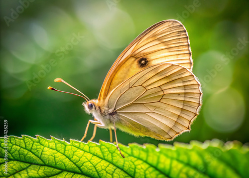 delicate beige butterfly rests gracefully on vibrant green leaf, showcasing its intricate wing patterns against soft, blurred background. scene evokes sense of tranquility and beauty in nature