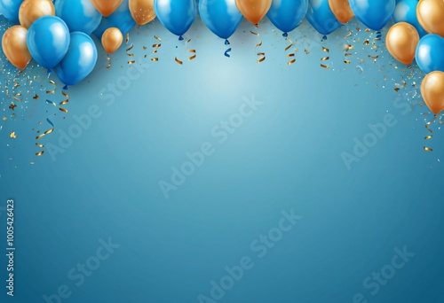 Wallpaper Mural Blue wallpaper with lots of 3d realistic glossy balloons and confetti on transparent background with blank space for greeting text. Banner for birthday, celebration party, sale. Ai generated image. Torontodigital.ca