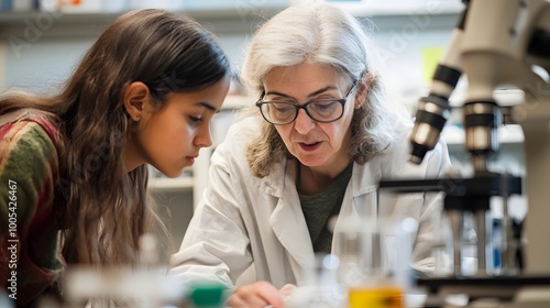 A Young Girl and a Woman in a Lab Coat Looking at Something