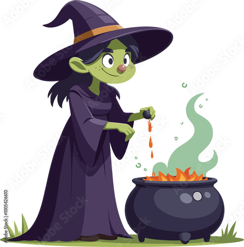 Adorable 3D Cartoon Witch with Cauldron – Ideal for Halloween and Magical-Themed Designs