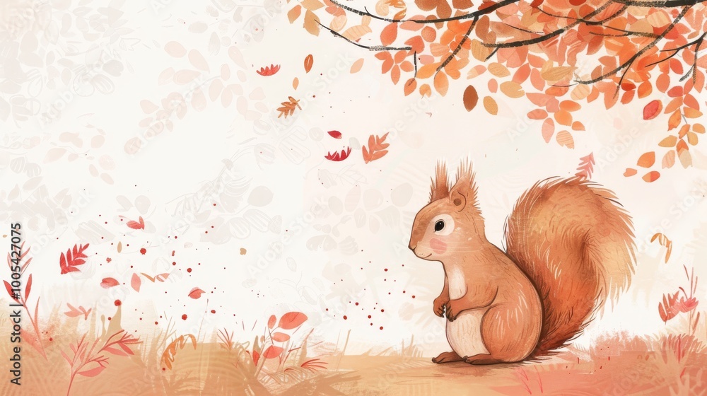 Naklejka premium A squirrel is sitting on the ground in front of a tree with leaves falling. The scene is peaceful and serene, with the squirrel looking up at the leaves as they fall