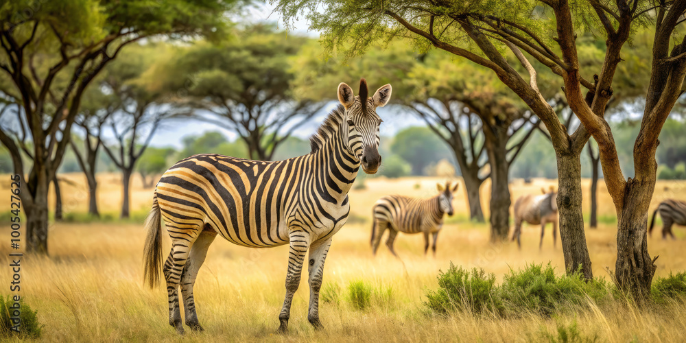 Obraz premium zebra stands gracefully in golden savanna, surrounded by acacia trees and fellow zebras. serene landscape captures beauty of wildlife in its natural habitat