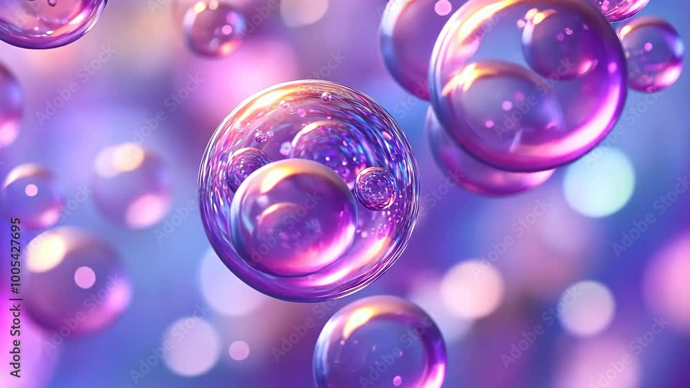Purple and pink bubbles float against a blurred background Purple and pink bubbles float against a blurred background