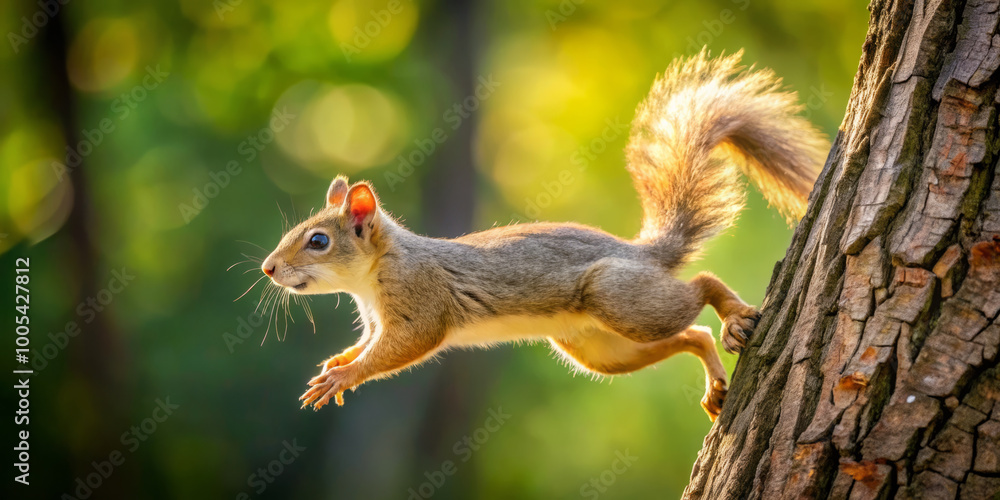 beige squirrel is energetically leaping up tree, showcasing its agility and playful nature in vibrant, sunlit forest. scene captures essence of wildlife in motion beige squirrel is energetically leaping up tree, showcasing its agility and playful nature in vibrant, sunlit forest. scene captures essence of wildlife in motion